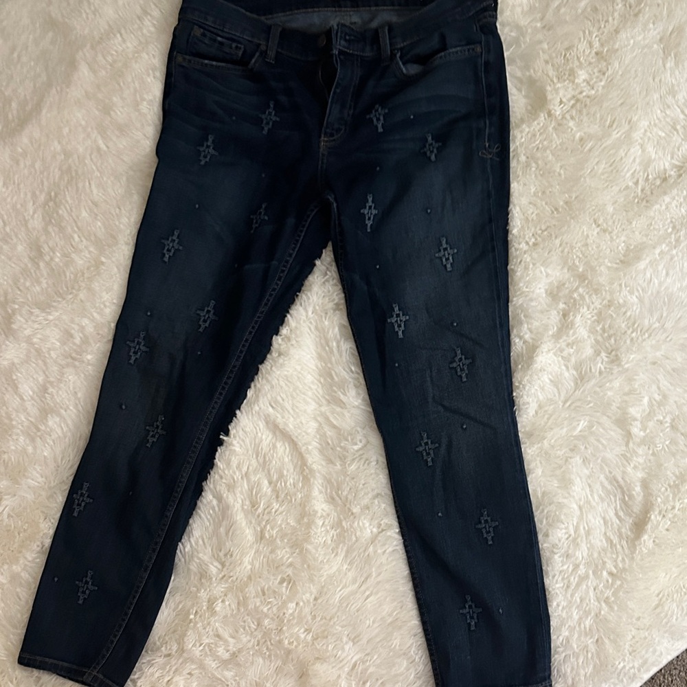 Level 99 Dark Blue Embroidered Ankle Jeans